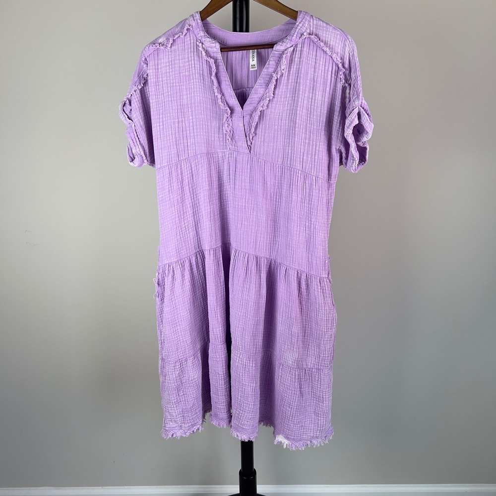 Zenana Lavender Purple Gauze Tiered Mini Dress Split Neck Raw Edge S/M
